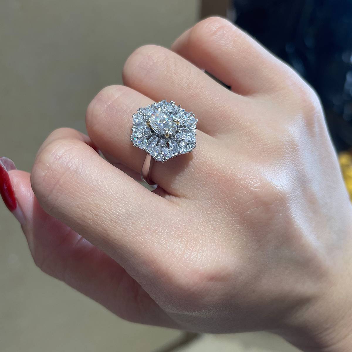 Alien small diamond set Oval women's ring S925 silver plated white gold custom selection main stone Moissanite 1.0ct/Side Stone Cubic Zirconia